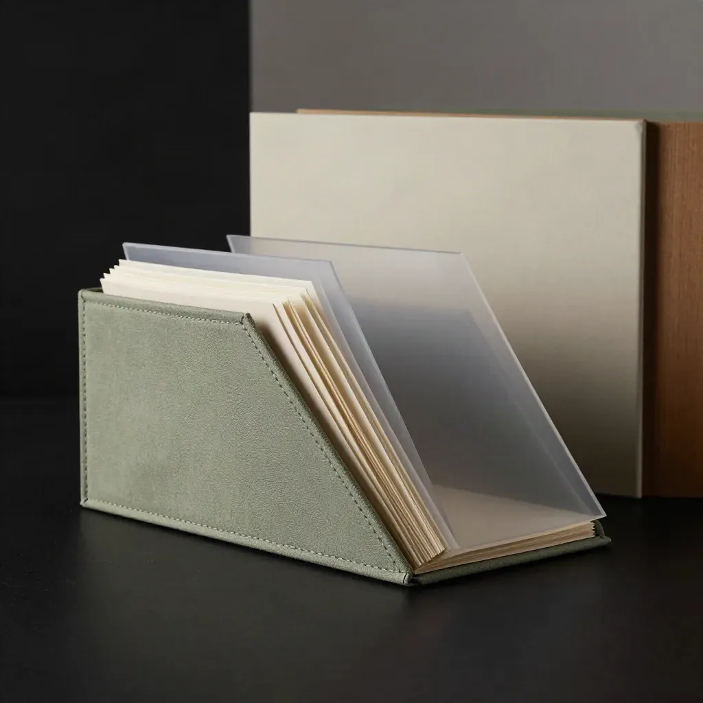 Schräg kippender Archivkasten mit Hüllen und Stofflasche auf dunkler Studiofläche