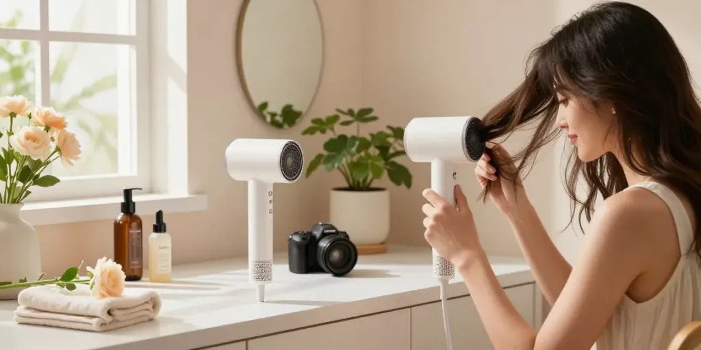 Woman using Laifen Mini haartrockner on stylish bathroom counter with beauty products.